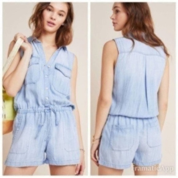 Cloth and Stone Chambray Utility Romper XS Sleeveless Tie Waist vacation coastal - Picture 2 of 16